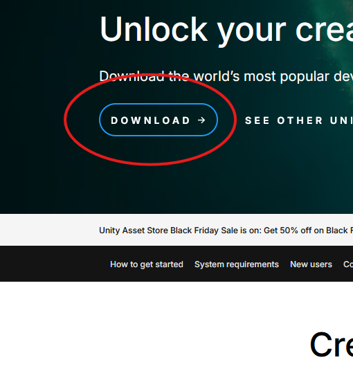 Une capture d'écran du site web de Unity avec un cercle rouge autour du bouton download