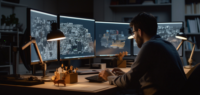 Un homme regarde plusieurs écrans dans lesquels il y a un jeux vidéo