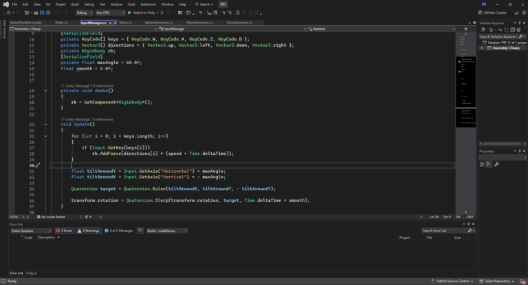 Un script dans l'éditeur de code visual studio, le script est séparer en plusieurs parties, principalement entre "awake" et "update"